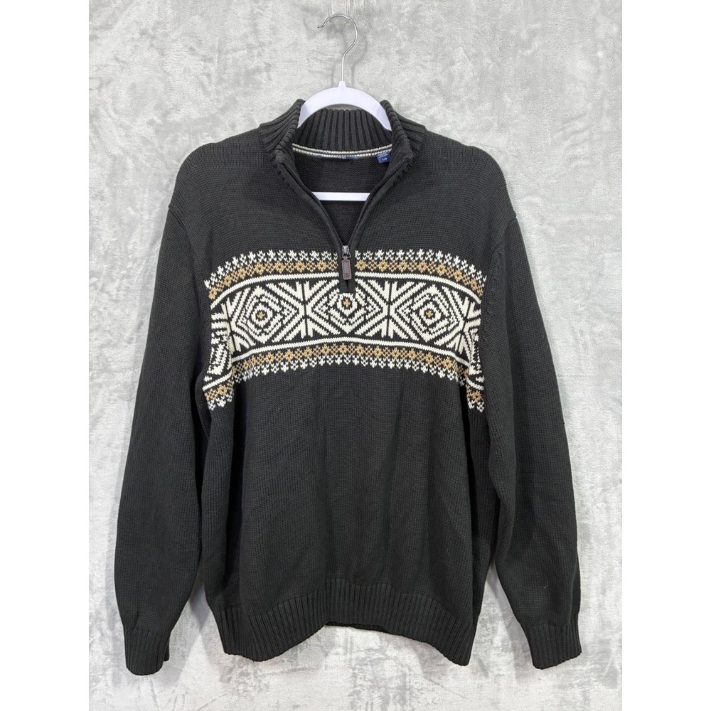 IZOD Mens Charcoal Grey Fair Isle Quarter Zip Cotton Blend Sweater Large